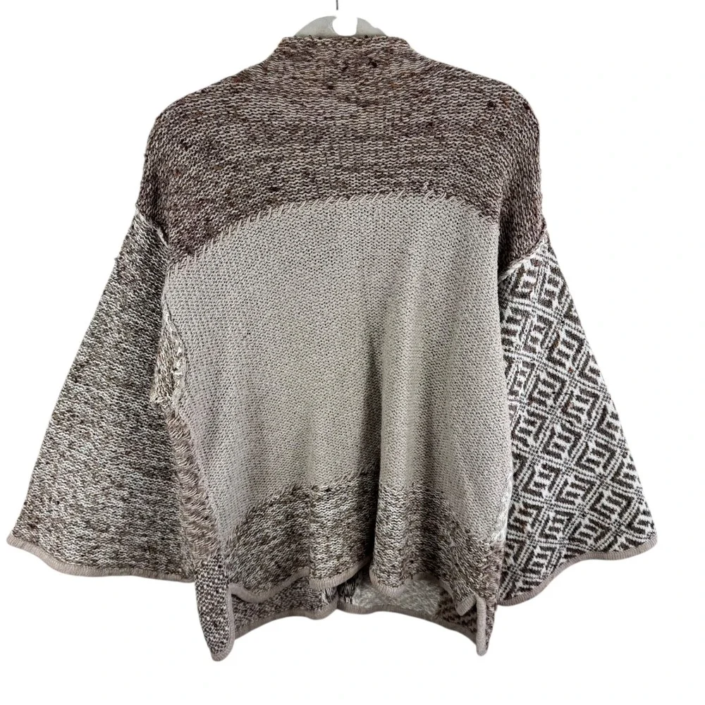 Coldwater Creek Patchwork Knit Cardigan Sweater Brown Tan Fringed Pockets Size L - Picture 2 of 7